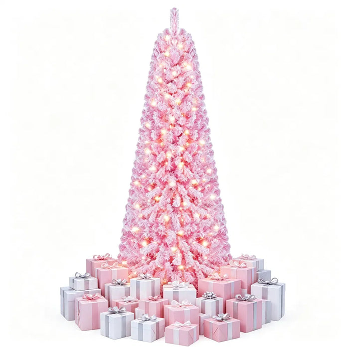 Varmegleden Rosa juletre med snø og 280 lys, 213 cm
