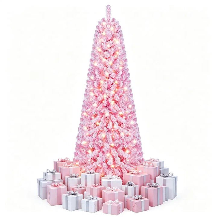 Rosa juletre med kunstsnø og lys