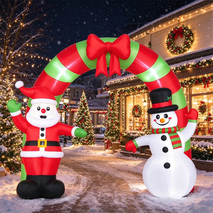 Oppblåsbar juleportal med nisse og snømann