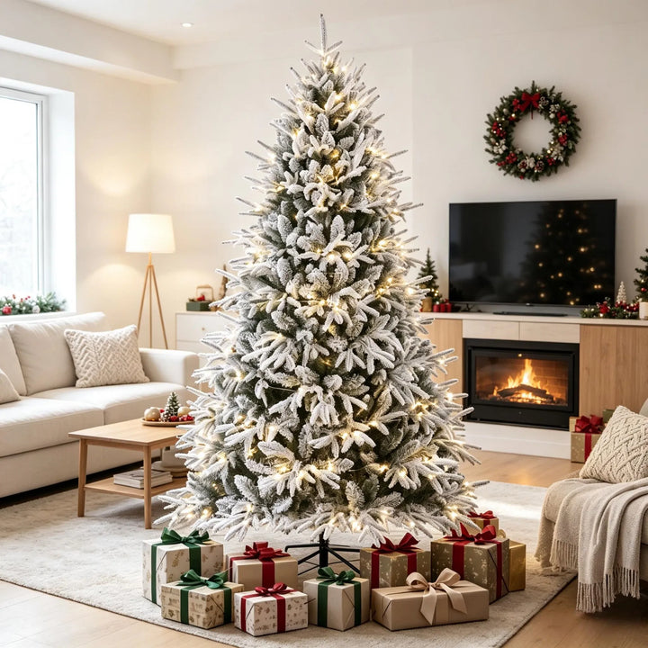 Ekstra fyldig snødekt juletre med lys