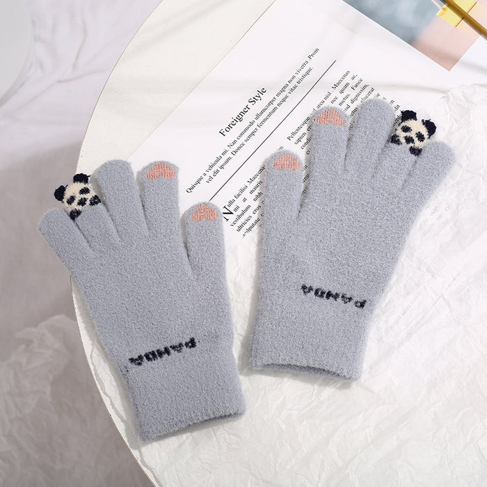Varmegleden Strikkede touchhansker med liten 3D-panda
