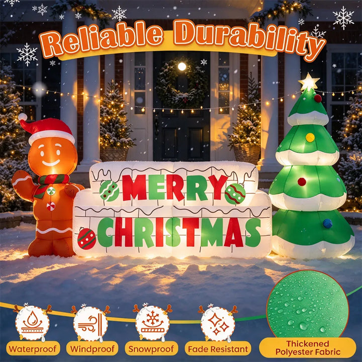 Oppblåsbart Merry Christmas-skilt med pepperkakemann