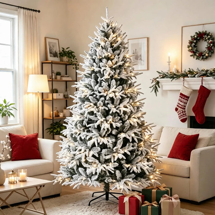 Varmegleden Snødekt fyldig juletre 213 cm med 350 varmhvite lys