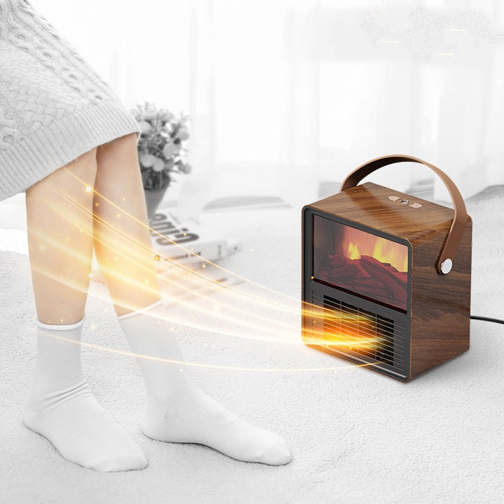 Liten varmeovn i trelook med flammefront
