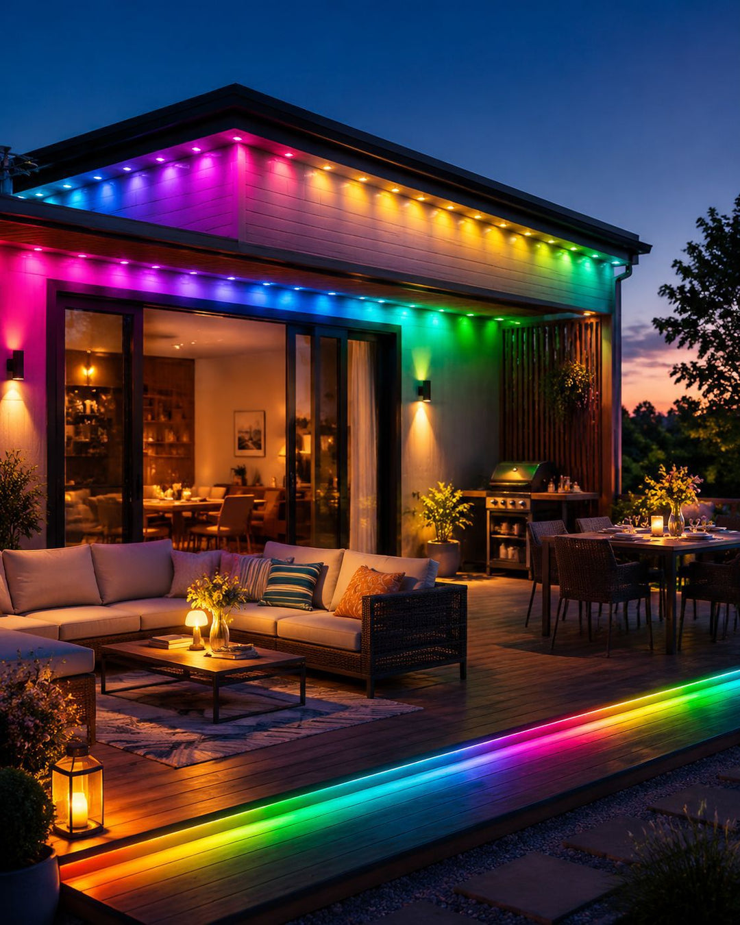 Hus med fargerik RGB-belysning langs taket