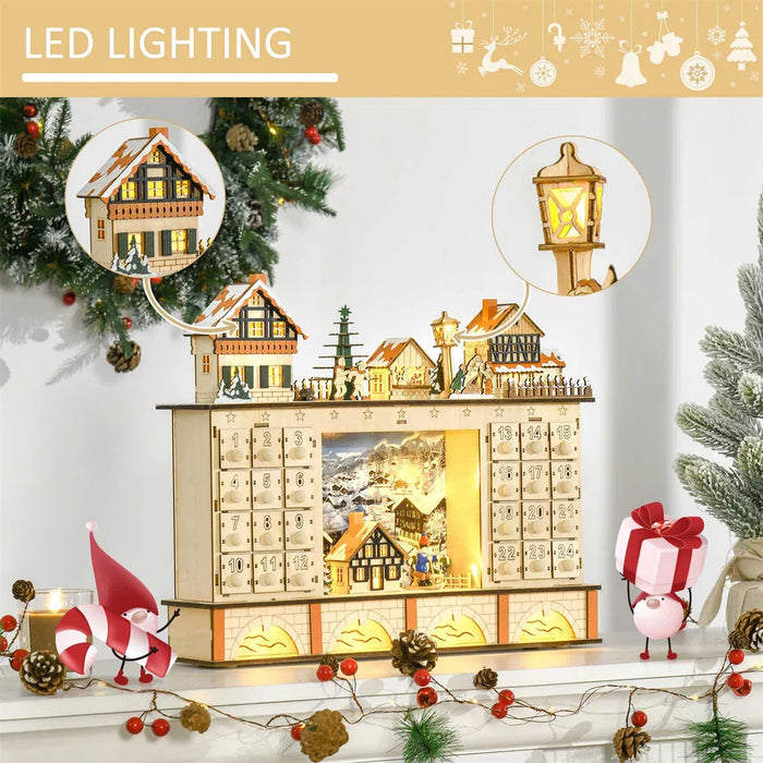 Varmegleden Adventskalender i tre med julelandsby og LED-lys