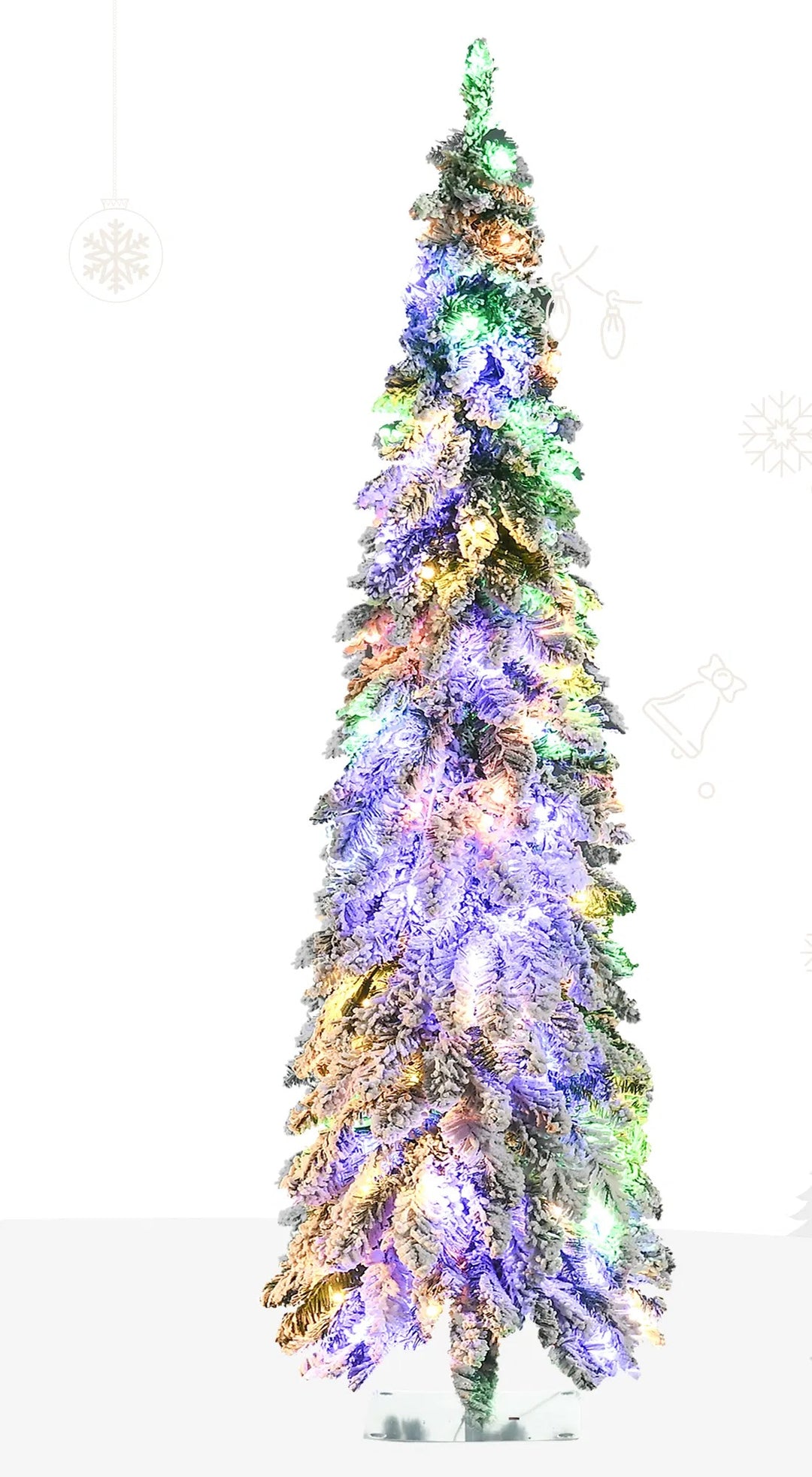 Smalt snødekt juletre med fargelys