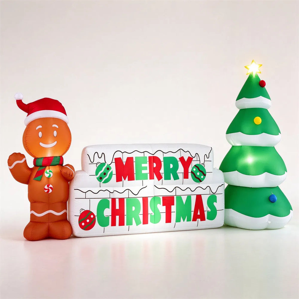 Oppblåsbart Merry Christmas-skilt med pepperkakemann