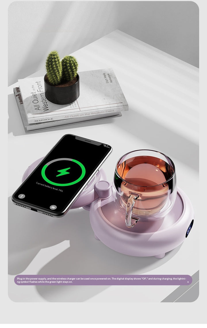 Rosa koppvarmer med mobil og kaffekopp