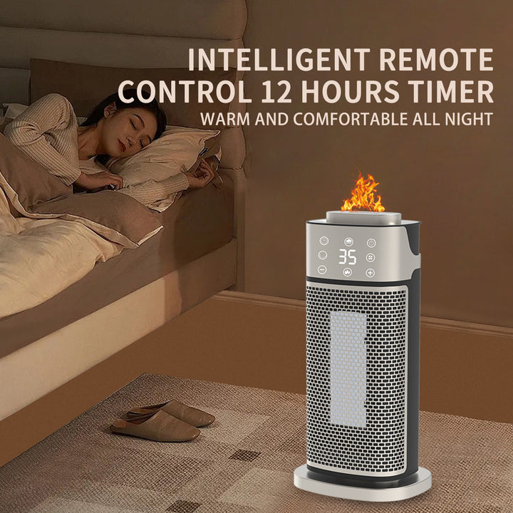Sølvfarget tårnovn med flammeeffekt på toppen