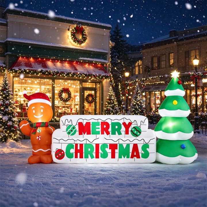 Oppblåsbart Merry Christmas-skilt med pepperkakemann
