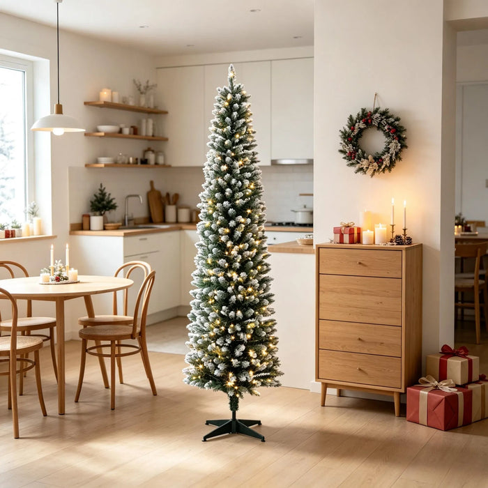 Varmegleden Smalt frostet juletre 183 cm med lys og fjernkontroll