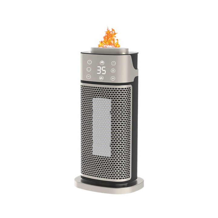 Sølvfarget tårnovn med flammeeffekt på toppen